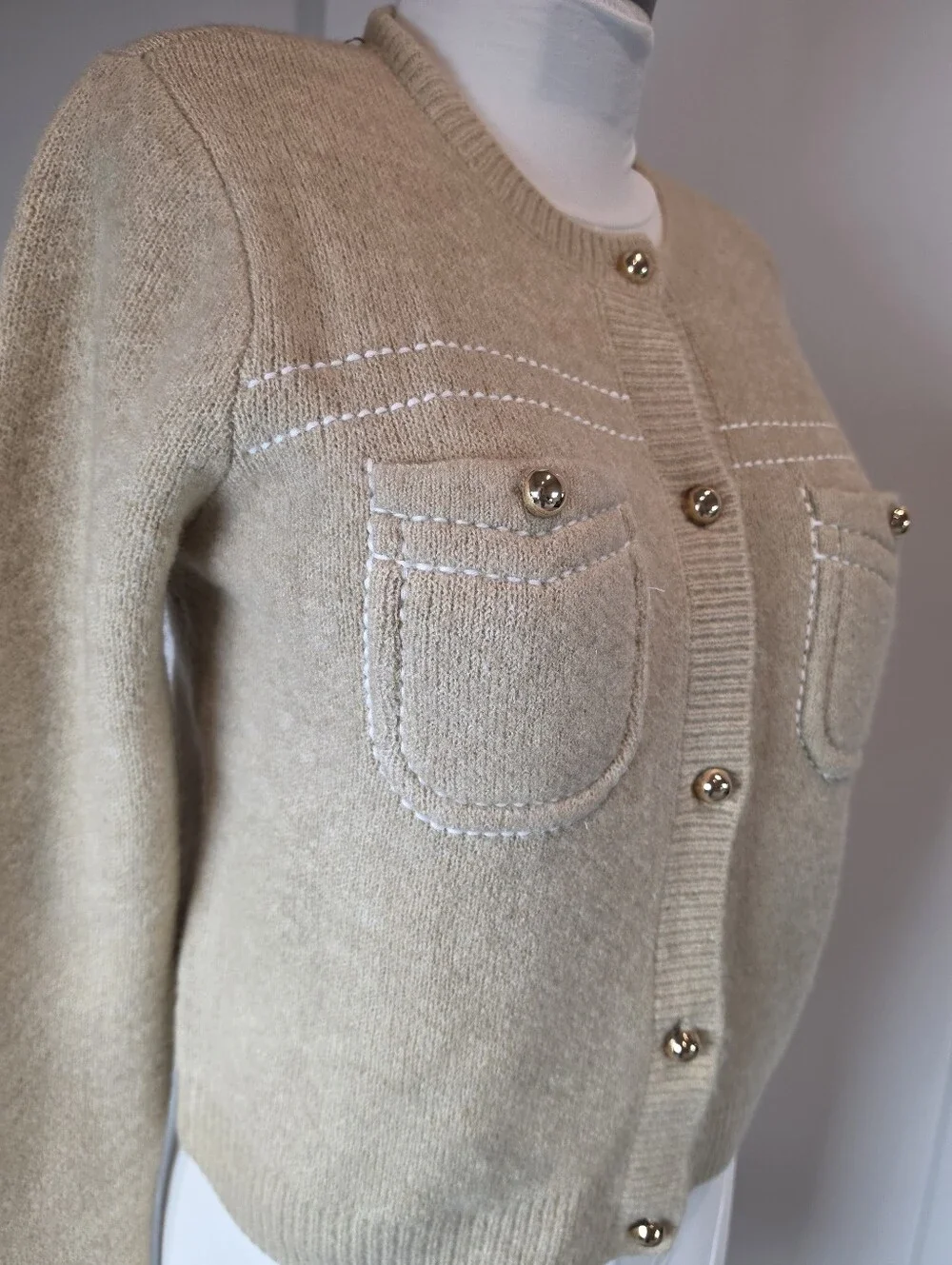 CeCe Classic Cream Button-Front Pocket Sweater